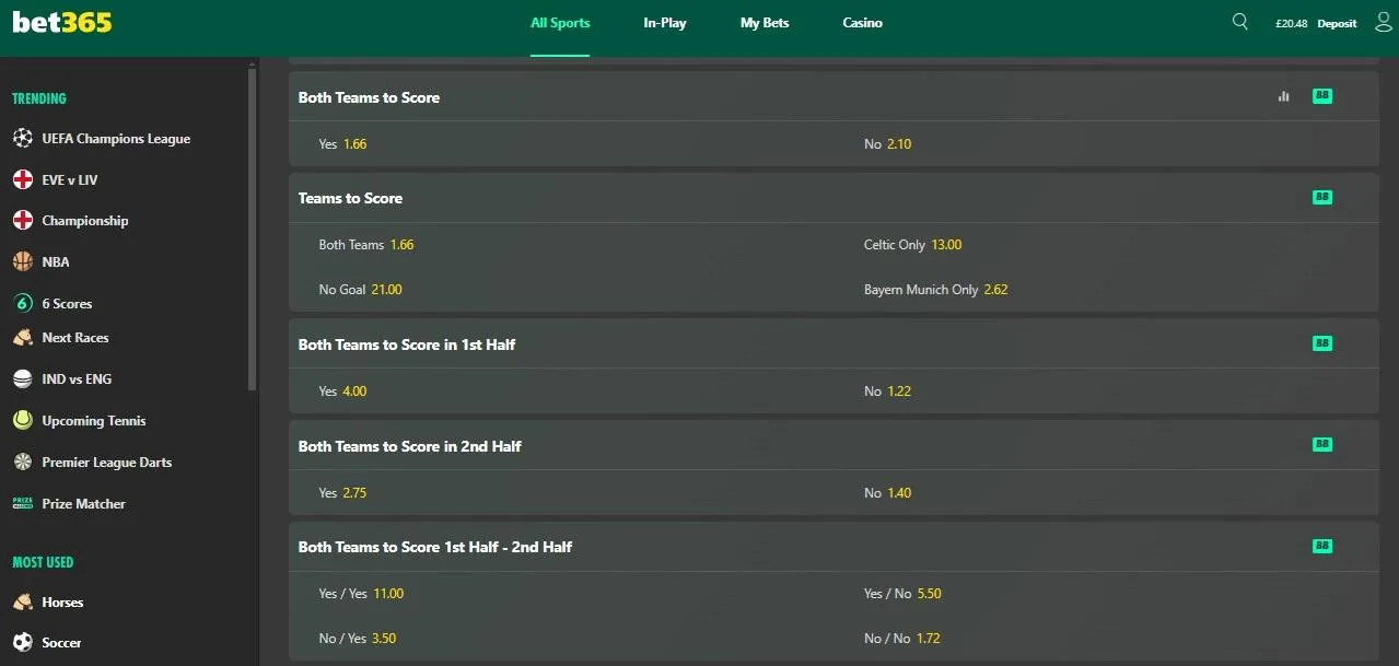 Football match with a betting screen showing Over 2.5 and Under 2.5 Goals.